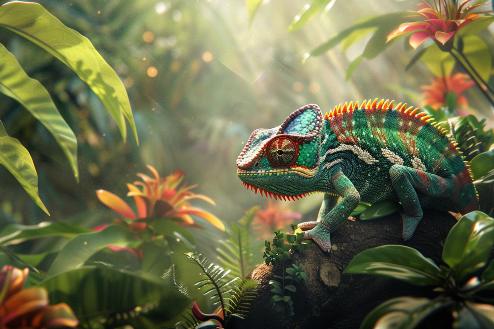 a photorealistic image of a lush jungle scene at midday, with the main object, a small-sized, detailed chameleon, positioned in the center-right of the image. The jungle should be vibrant with dense foliage, colorful flowers, and dappled sunlight filtering through the canopy. The chameleon, though small in size, should be in sharp focus, its colorful scales standing out against the greenery of the jungle background - this represents the adaptability of Void Marketing and Laura Janaway